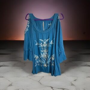 Roaman's Teal Embroidered Bell Sleeve Boho Tunic Blouse Size 18/20 L